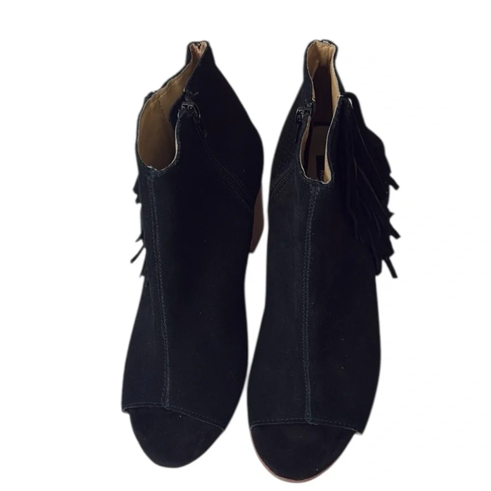 Kensie Erika Fringe Peep toe ankle boots, black leather,  side zip, 9.5